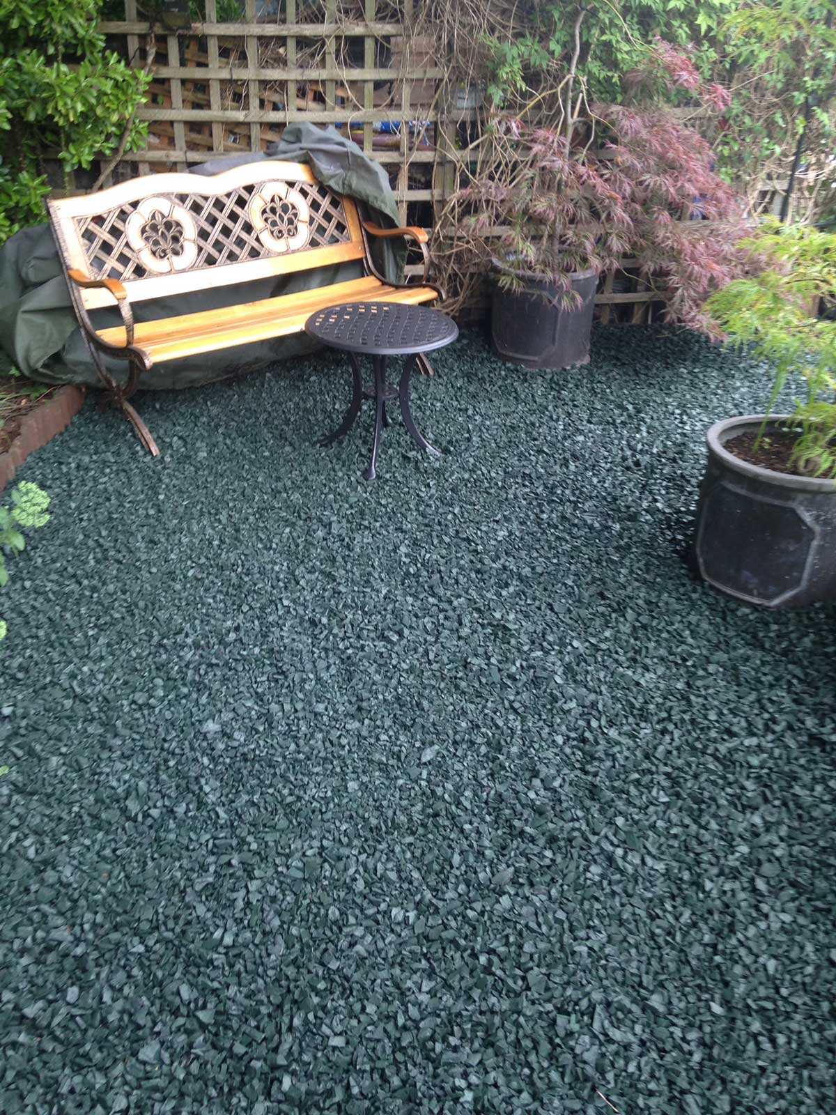 Eco Chip rubber chippings in garden