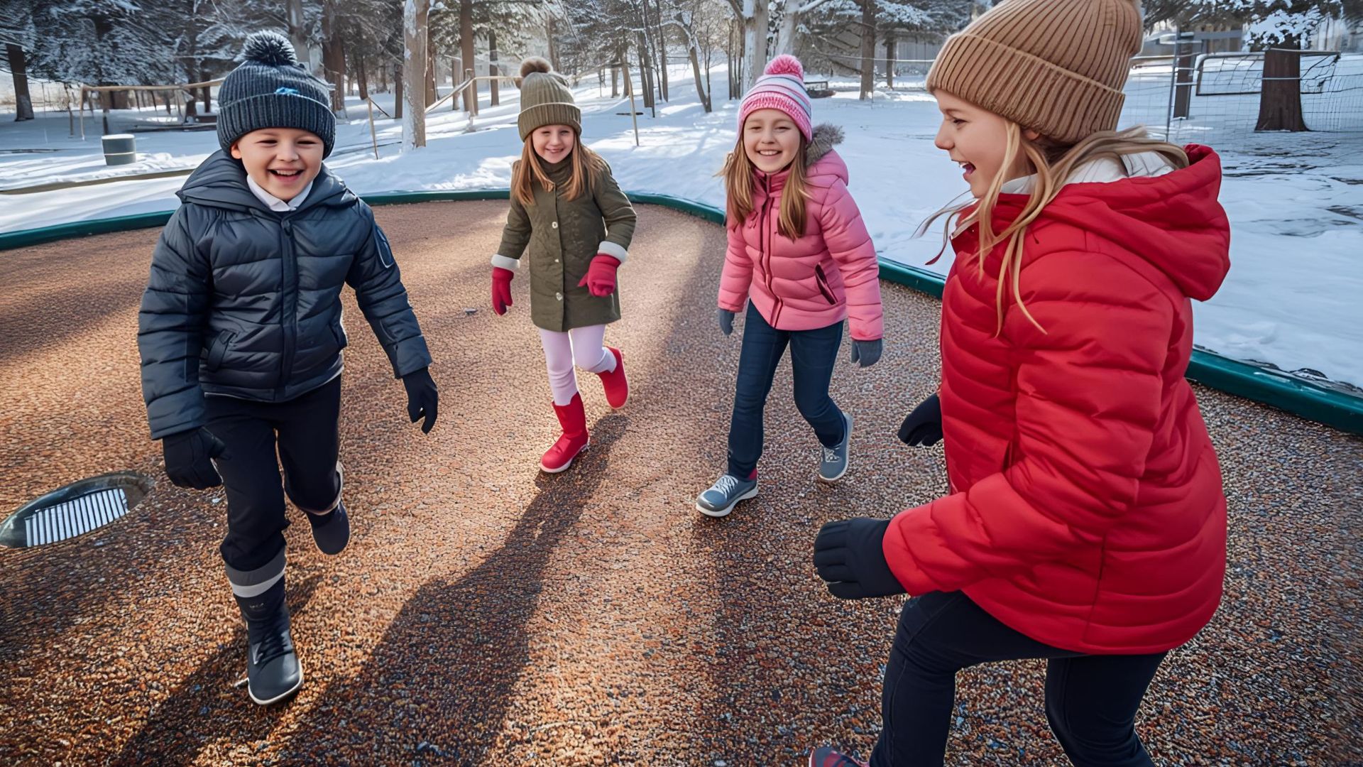 Children playing in snowy playground.